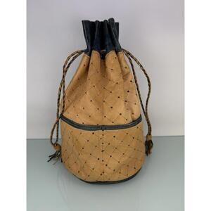 Rare Handmade Leather Bucket Bag Tan Navy Quilted Drawstring Boho Vintage Artisa